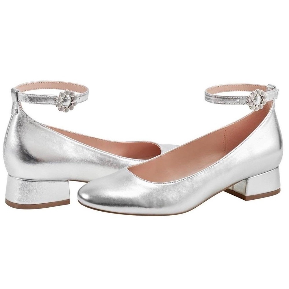 Bandolino Silver Metallic Ankle Strap Block Heel Pumps Round Toe Floral Buckle